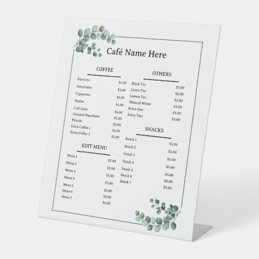 Menu Eucalyptus Minimale Café-koffiewinkel Reclamebord Met Voetstuk (Voorkant)