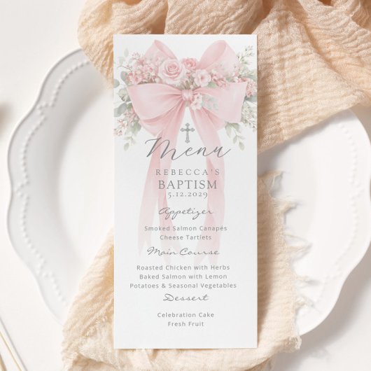 Menu Eucalyptus Rose Ruban Élégant Baptême