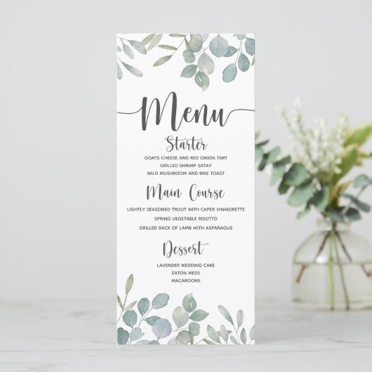 Menu Eucalyptus rustique aquarelle vert & blanc Mariage (Debout devant)