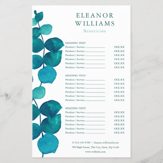 Menu Eucalyptus Salon Service (Voorkant)