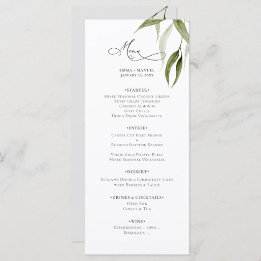 Menu Eucalyptus Verdure Aquarelle Rustique (Devant / Derrière)