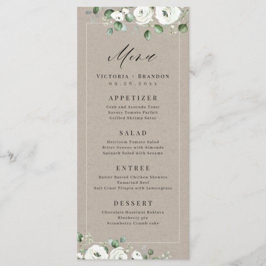 Menu Eucalyptus Verdure blanc floral rustique mariage (Devant)