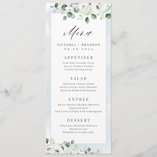 Menu Eucalyptus Verdure blanc floral rustique mariage (Devant)