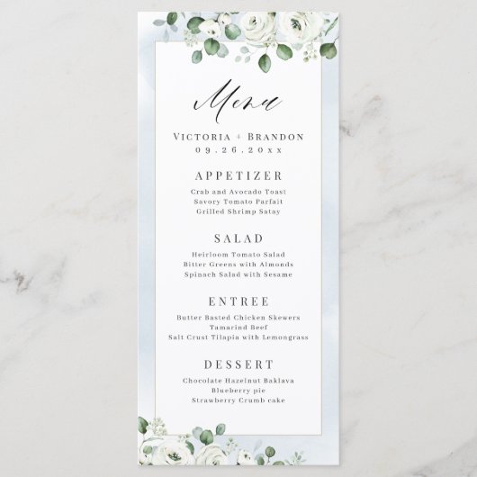 Menu Eucalyptus Verdure blanc floral rustique mariage (Devant)
