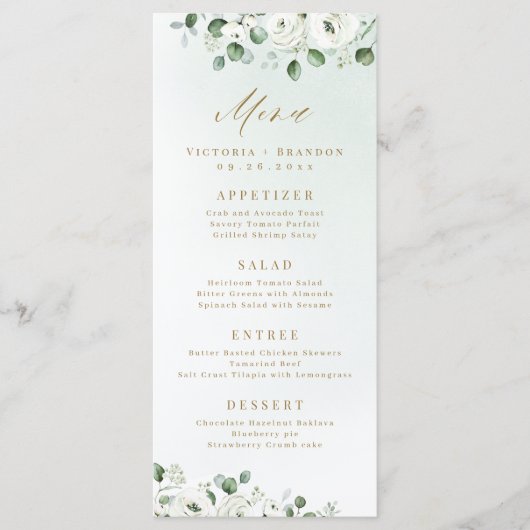 Menu Eucalyptus Verdure blanc floral rustique mariage (Devant)