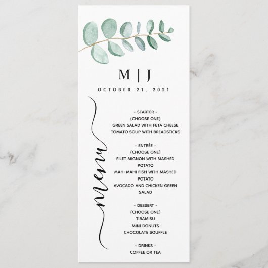 Menu Eucalyptus Verdure minimaliste Mariage (Devant)