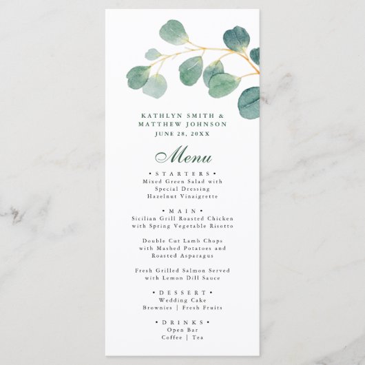 Menu Eucalyptus Verdure Moderne Élégant Mariage d'été (Devant)