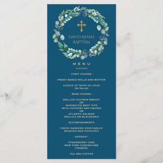 Menu Eucalyptus verdure Wreath Gold Boy Baptême (Devant)