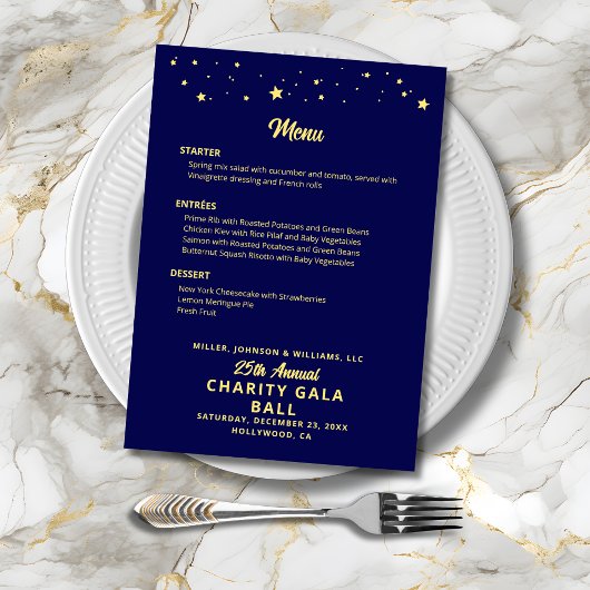 Menu Événement de la société de gala de charité Boule d