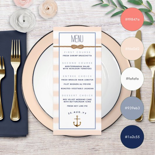 Menu Événement Formel Nautique Corail et Rayures Blanch