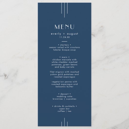 Menu EVERLY Classic Modern Art Deco Navy Blue Wedding (Devant)