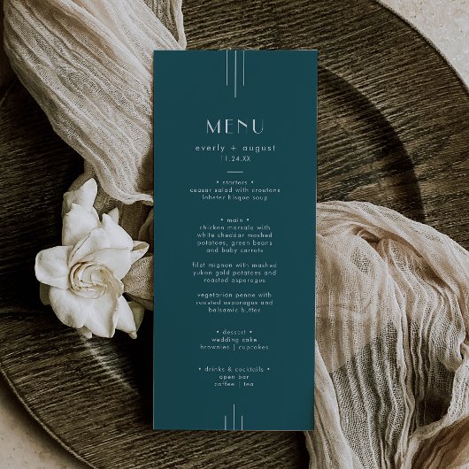 Menu EVERLY Simple Retro Art Deco Peacock Teal Wedding
