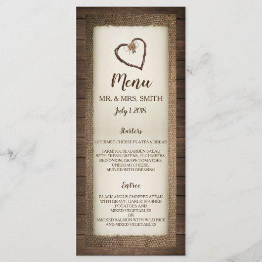 Menu Faire-part de mariage Coeur Bois, Burlap & Tw (Devant)