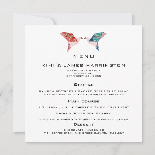 Menu Faire-part de mariage des colombes Origami (Devant)