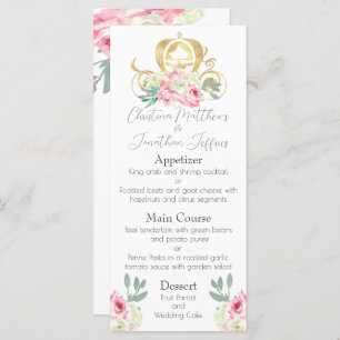 Menu Fairy Tale Gold Princess Carriage et Fleurs roses