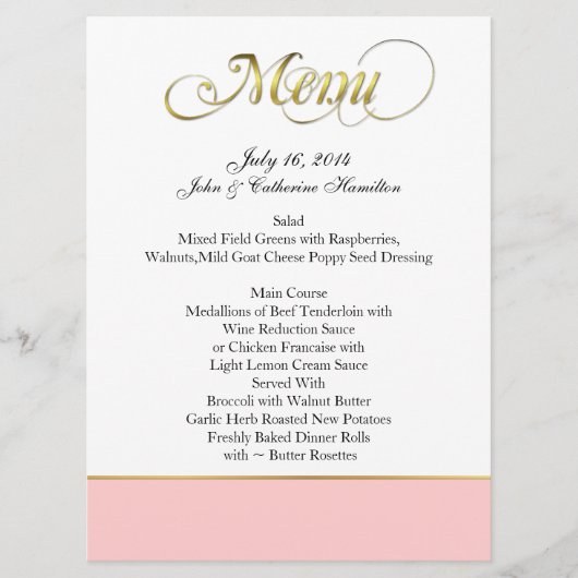 Menu fait sur commande chic rose, blanc, et d'or (Devant)