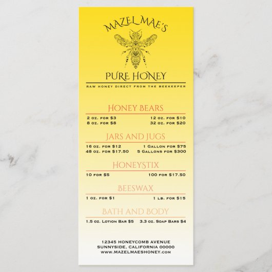 Menu fait sur commande de miel de rucher (Devant)