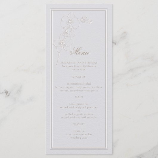 Menu Faux Embossé cadre orchidée ivoire Mariage classiq (Devant)