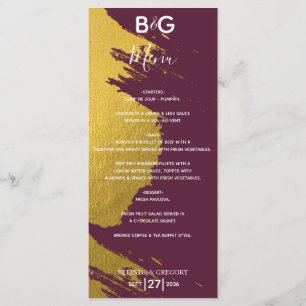 Menu Faux Gold Brushstrokies Bourgogne, Mariage Monogra