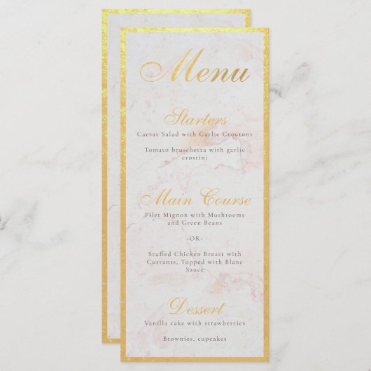 Menu Faux Gold Foil Élégante calligraphie Marbre blanc (Devant / Derrière)