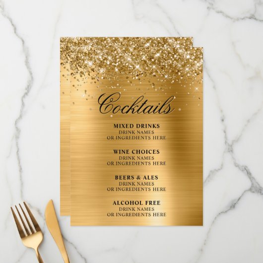 Menu Faux Gold Glitter and Foil Cocktails Bar (Devant/Arrière en situation)