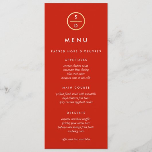Menu Faux Gold Parties scintillant Monogram Red Mariage (Devant)