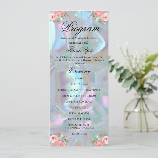 Menu Faux Mother of Pearl Wedding Program (Debout devant)