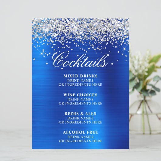 Menu Faux Silver Glitter Royal Blue Foil Cocktails Bar (Debout devant)