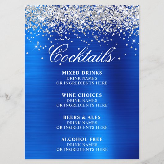 Menu Faux Silver Glitter Royal Blue Foil Cocktails Bar (Devant)