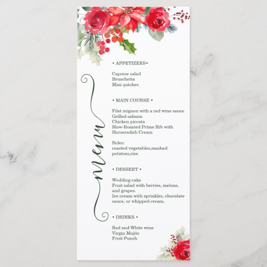 Menu Festive Watercolor Rose Poinsettia Holiday Wedding (Devant)