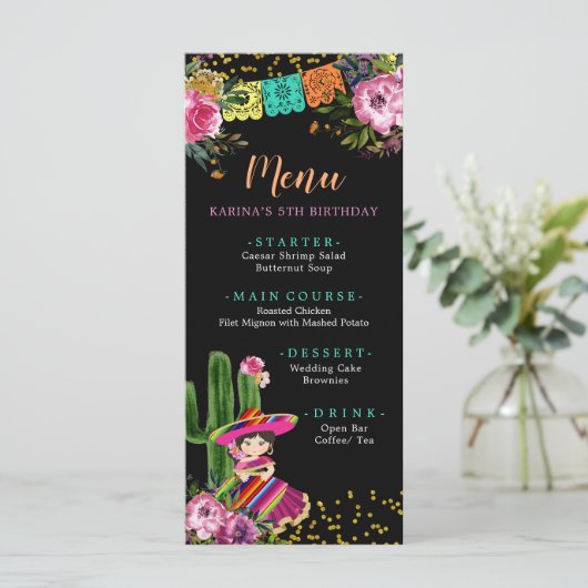 Menu Fête Colorée Mexicaine Anniversaire Floral (Debout devant)