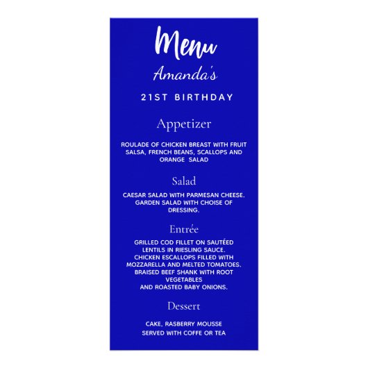 Menu fête d'anniversaire bleu royal faits amusants (Dos)