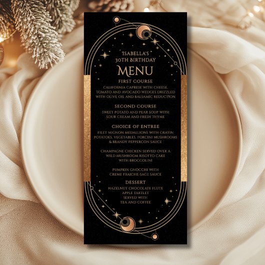 Menu Fête d'anniversaire céleste Black Gold 30 ans