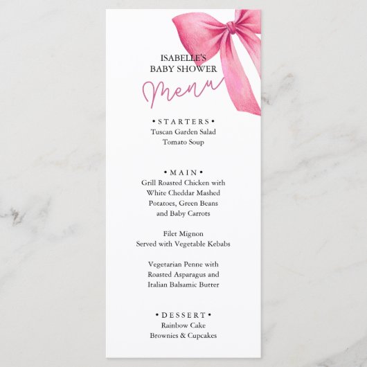 Menu Fête de bébé fille à ruban rose (Devant)