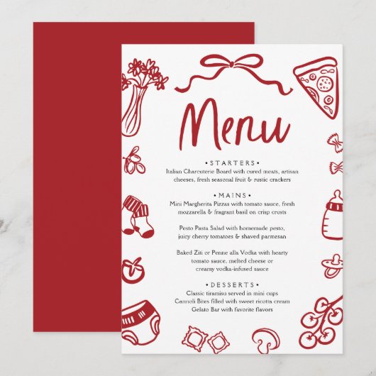 Menu Fête de bébé Italien Red Hand Drawn Pizza Pâtes (Devant / Derrière)