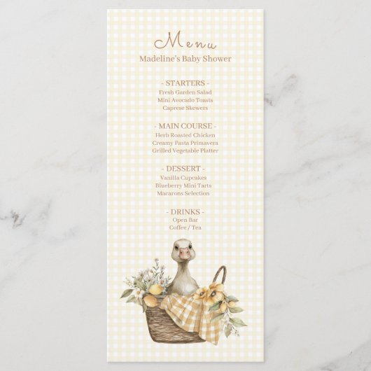 Menu Fête de bébé thème Oie Silly au citron  (Devant)