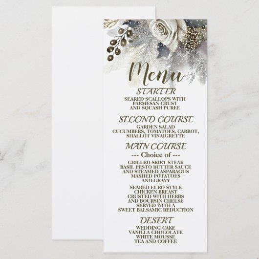 Menu Fête de mariage Argent Golden White Roses Fleurs (Devant / Derrière)