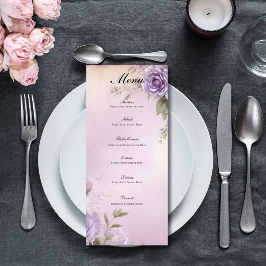 Menu Fête de Mariage et de Fiançailles Fleurs Aquarelle
