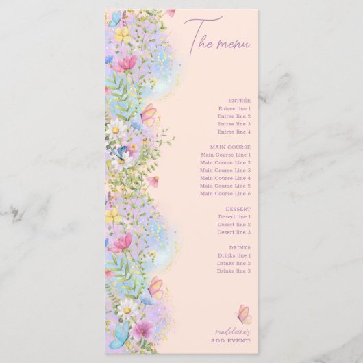 Menu Fête de Mariage Jardin Floral aux Fleurs Sauvages  (Devant)