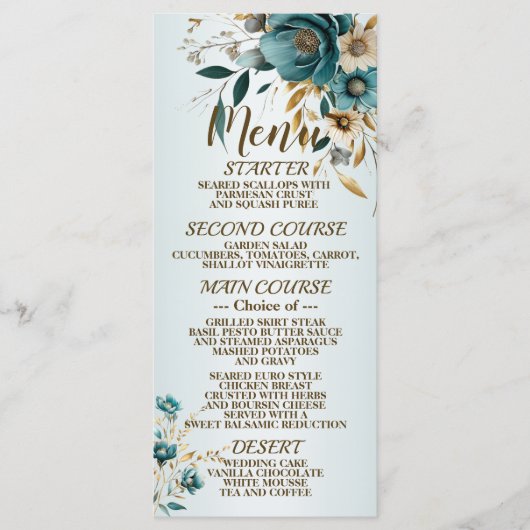 Menu Fête de mariage Turquoise Fleur blanche Feuilles d (Devant)