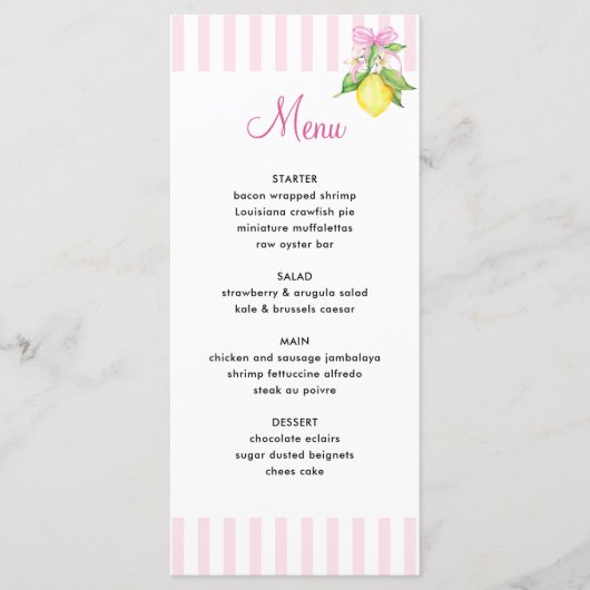 Menu Fête de Naissance Coquette Citrons Roses Bébé (Devant)