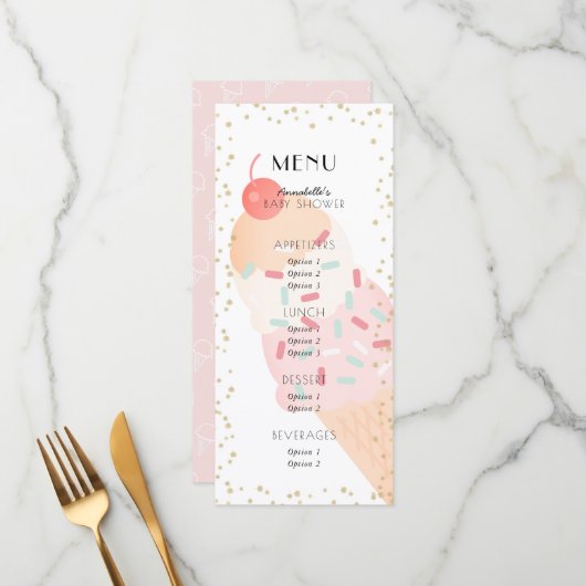 Menu Fête de naissance de bébé fille rose cerise glace (Devant/Arrière en situation)