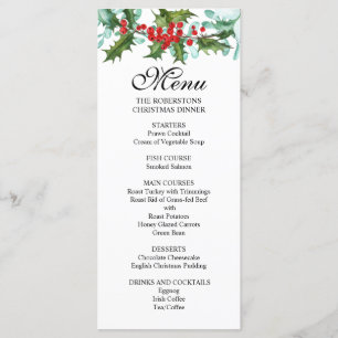 Menu Fête de Noël au papier aquarelle avec houx et baie