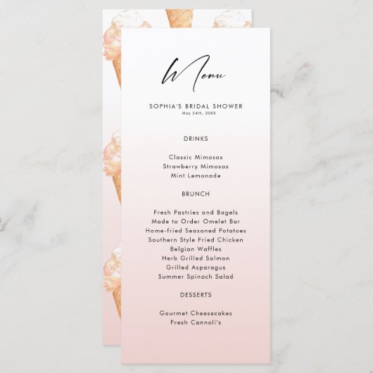 Menu Fête des mariées de crème glacée aquarelle (Devant / Derrière)