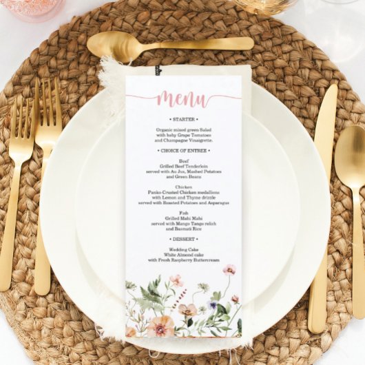 Menu Fête des mariées de Mariage rose fleur sauvage