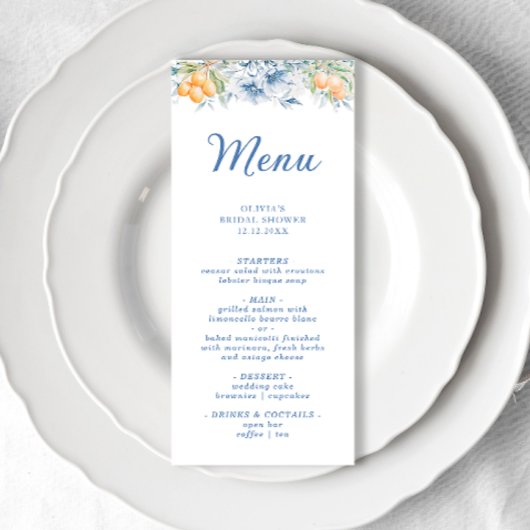 Menu Fête des mariées Florale Bleu Aquarelle