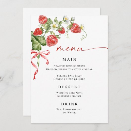 Menu Fête des mariées Fraise à l'Aquarelle tendanc (Devant / Derrière)