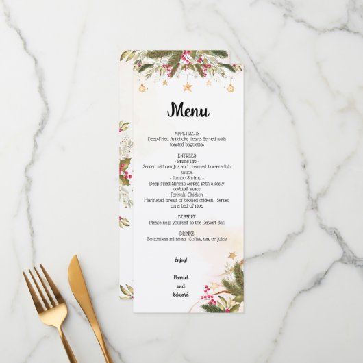 Menu Fête des mariées Mariage de Noël (Devant/Arrière en situation)