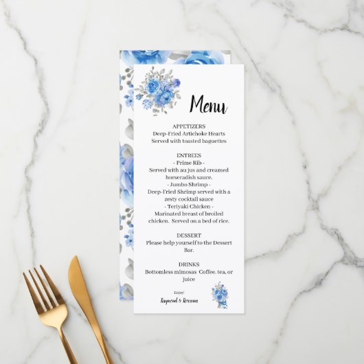 Menu Fête des mariées Mariage Fleurs bleues (Devant/Arrière en situation)