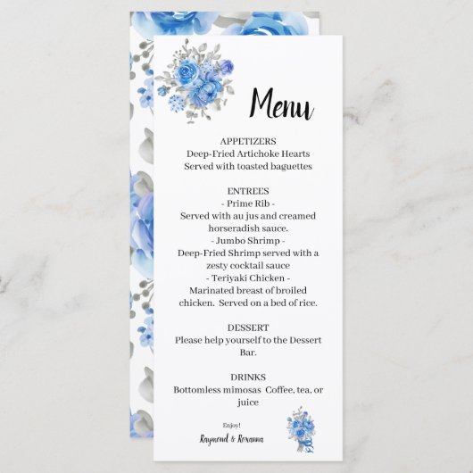 Menu Fête des mariées Mariage Fleurs bleues (Devant / Derrière)